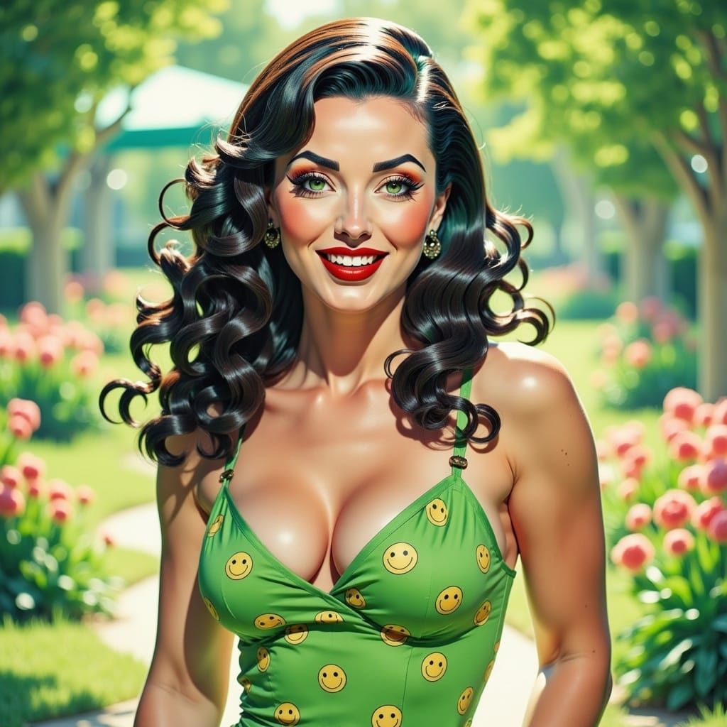 Energetic Woman in Sunny Park, Anime Style