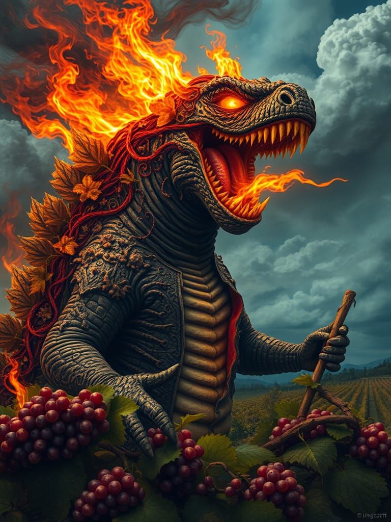 Godzilla Laughs Maniacally in Surreal Vineyard Scene