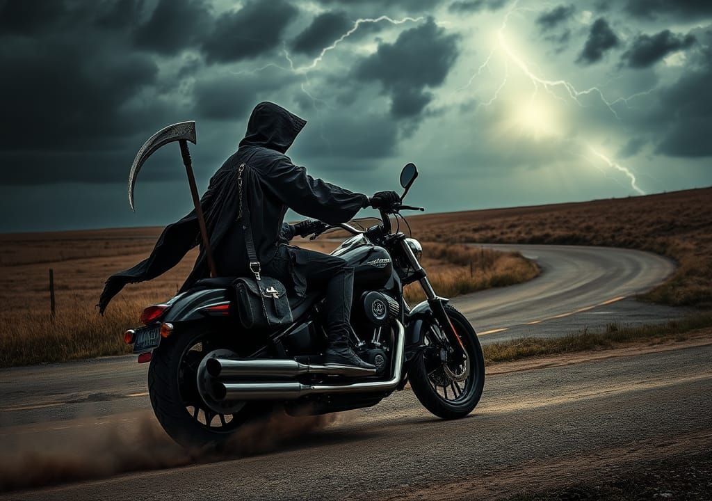 Grim Reaper Rides Motorcycle on Stormy Road