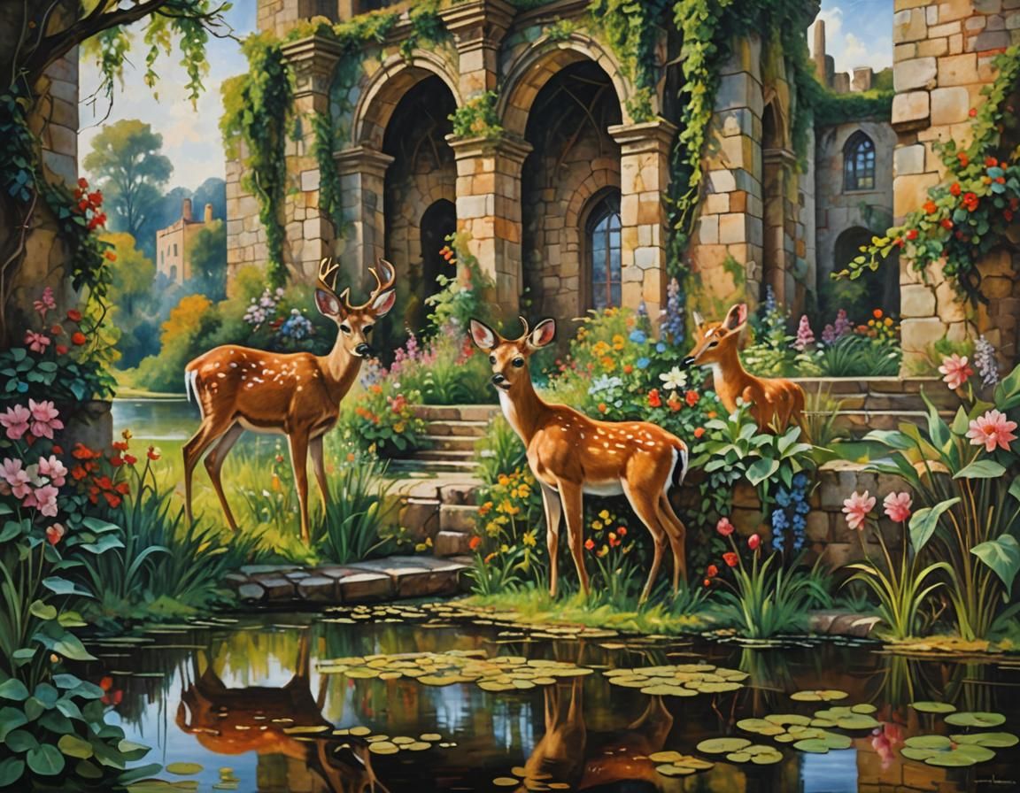 Nature Reclaims Medieval Castle: Impressionist Oil Painting