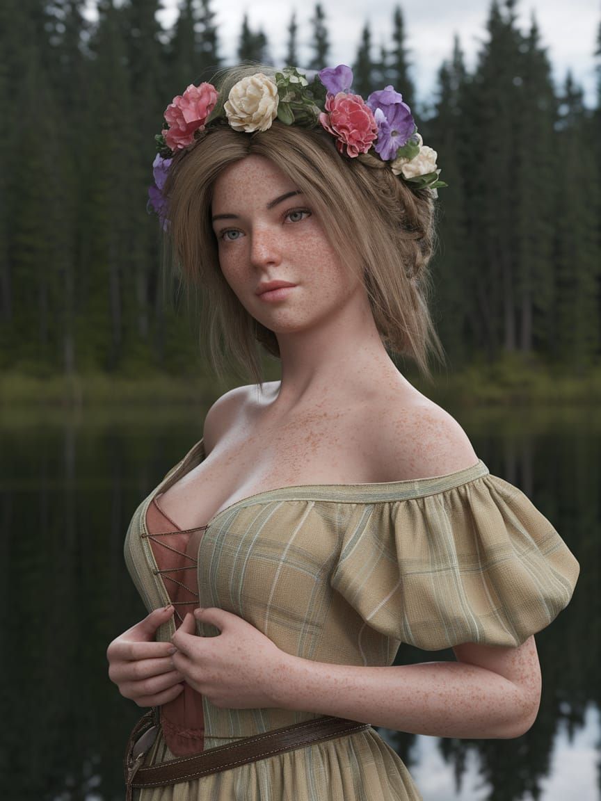 Freckled Peasant Woman Disrobing by Forest Lake