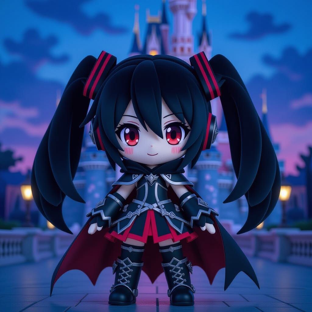 Chibi Miku Plushie Demon in Gothic Attire at Disney Castle