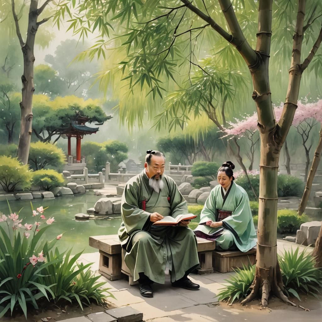 Confucius Teaching in Ancient Garden: Impressionist Watercol...