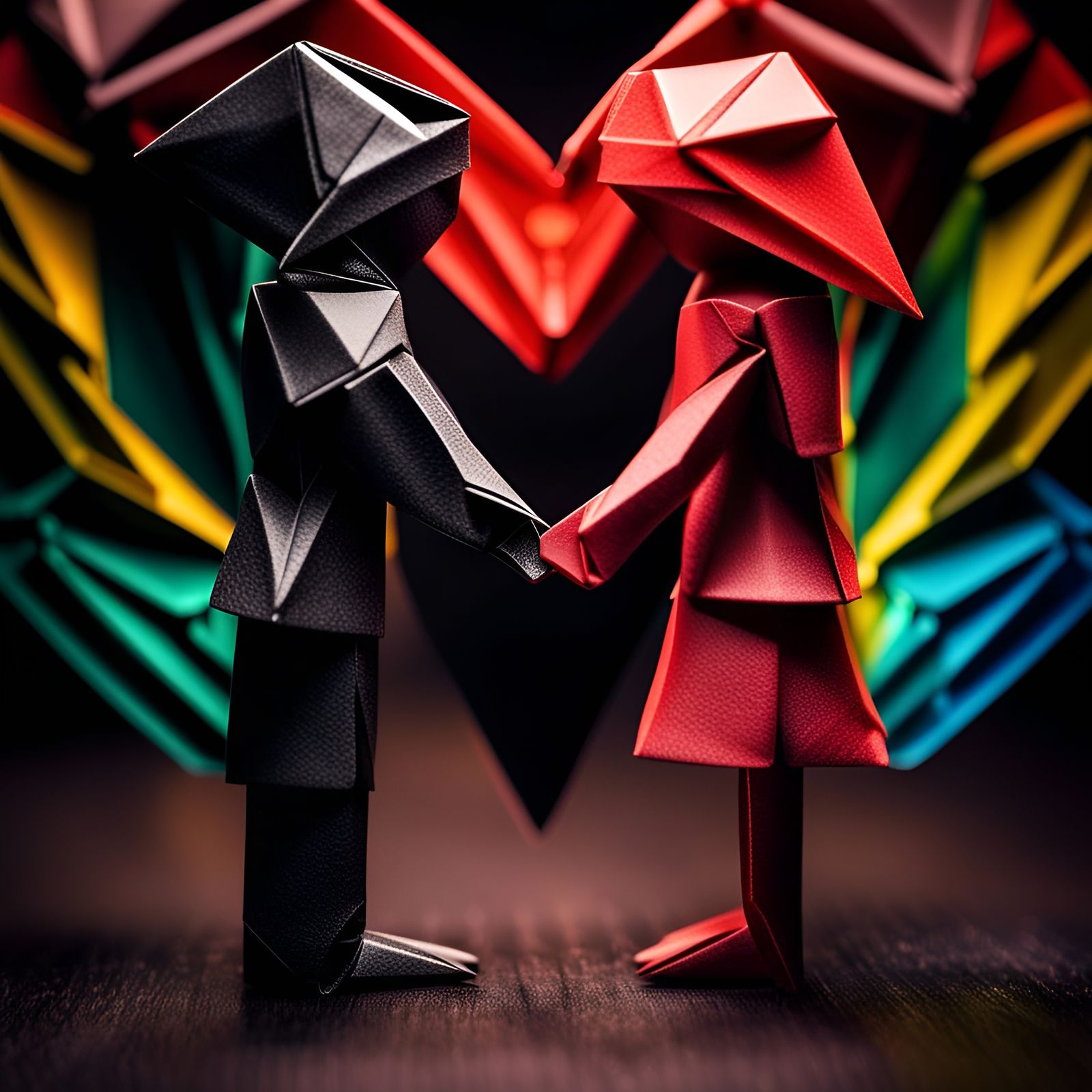 Origami Lovers Holding Hands, Hyperrealistic Image