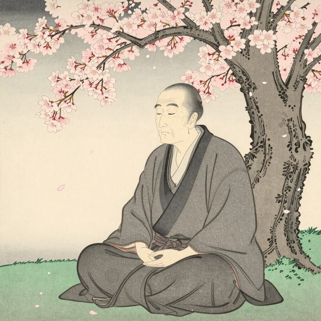 Elderly Samurai Meditating Under Cherry Blossoms
