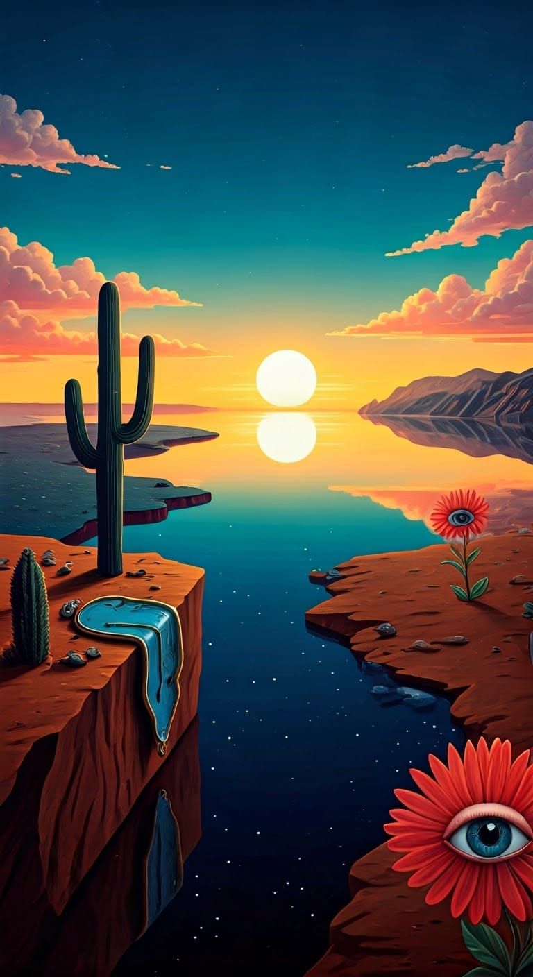 Surreal Twilight: Melting Clock in Dreamlike Landscape