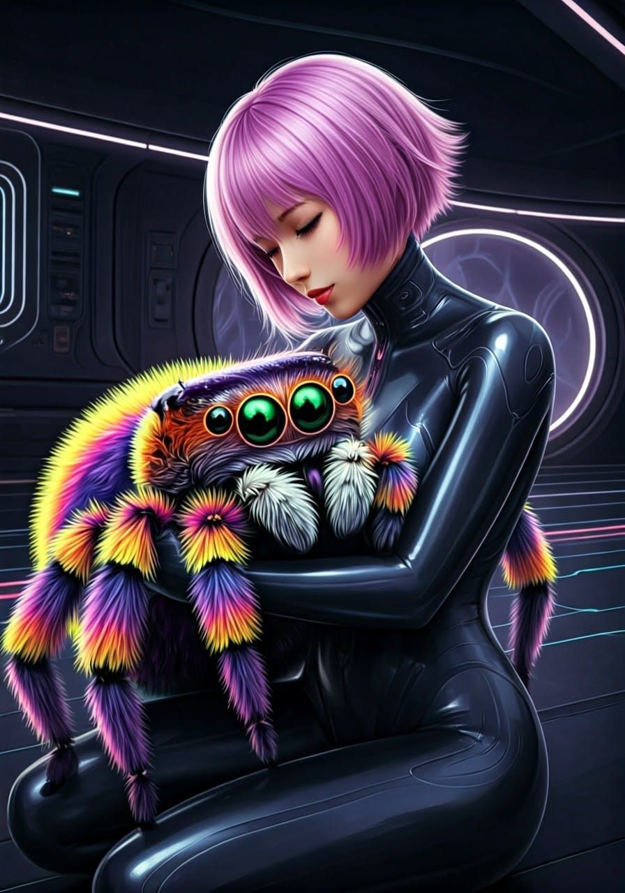 Sci-Fi Woman Cuddles Iridescent Spider in Futuristic Living...