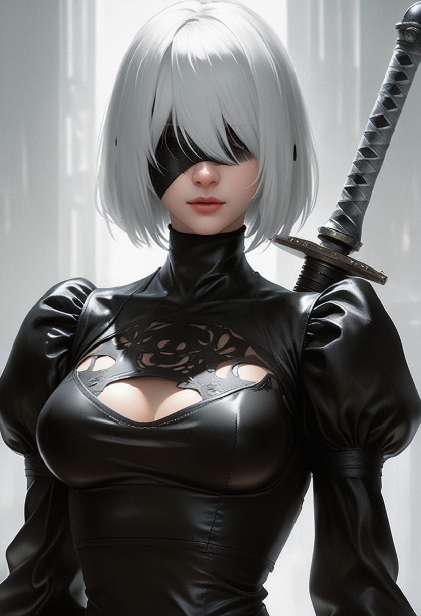 Hiperrealistic, Hiperdetailed, Yorha 2B, nier automata Character, She wears the black blindfold