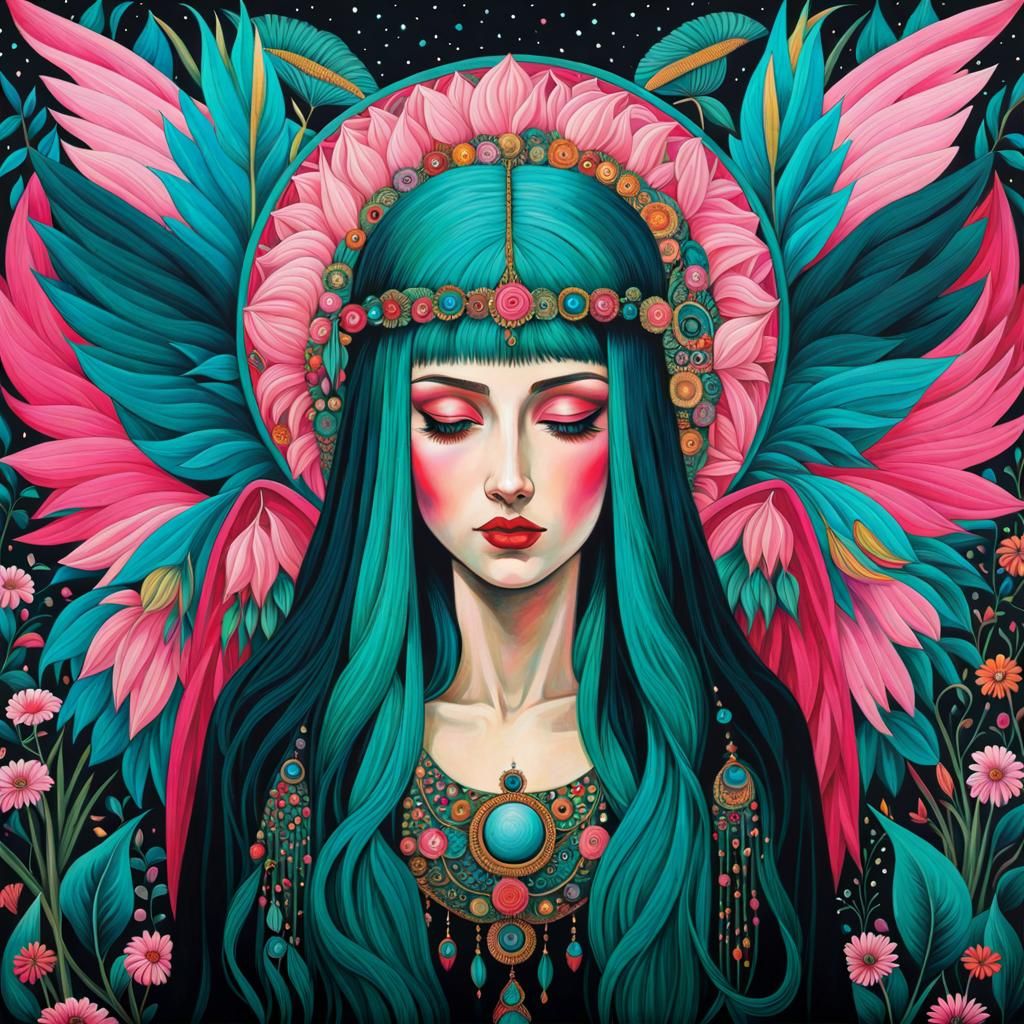 Ethereal Angel in Dark Gothic Psychedelic Style