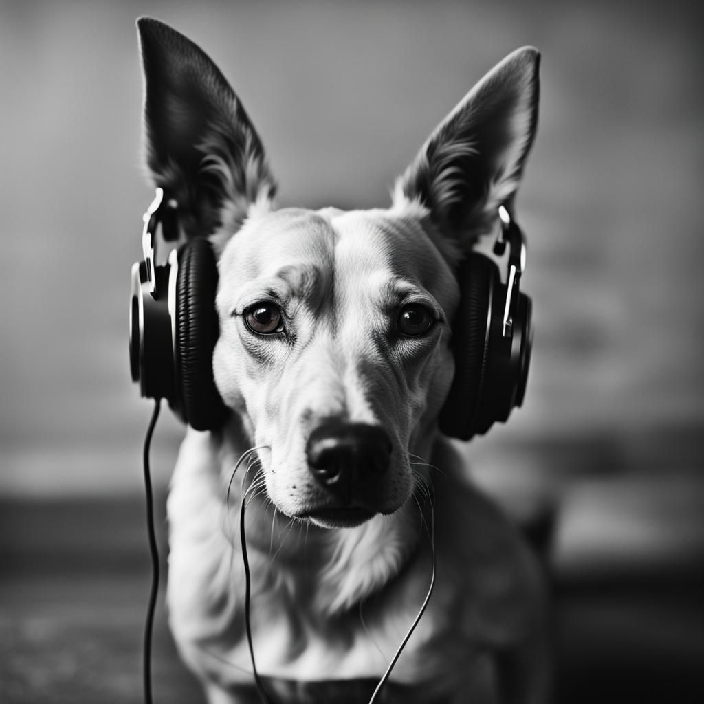 Dog with Headphones Portrait in Ambient Light