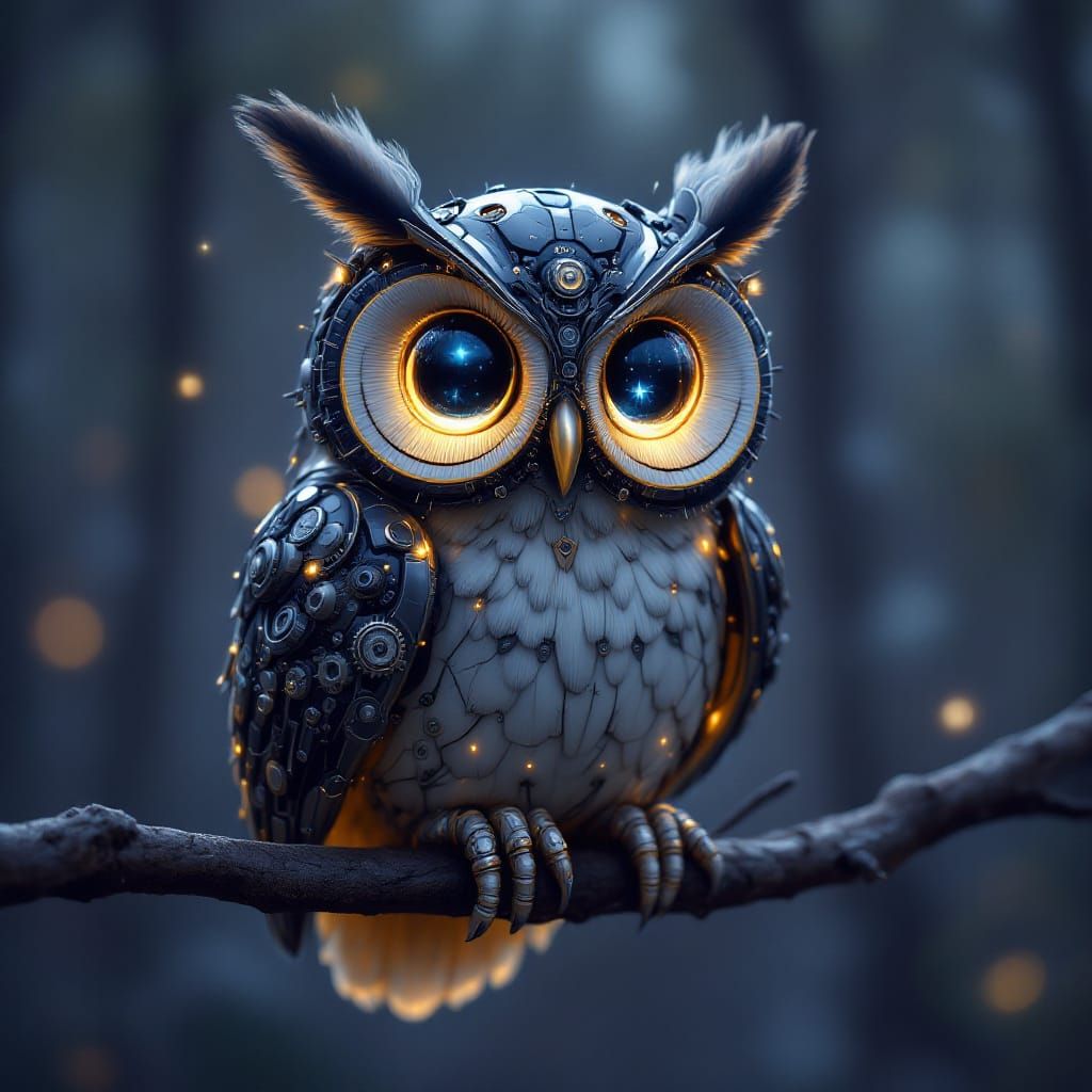 Adorable Mechanical Owl in Twilight Forest