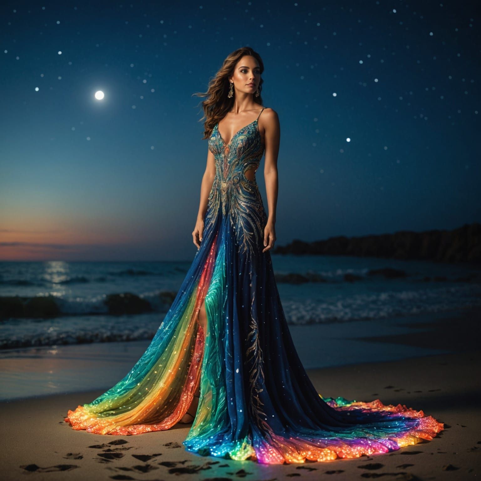 Woman in Glowing Dress on Night Beach