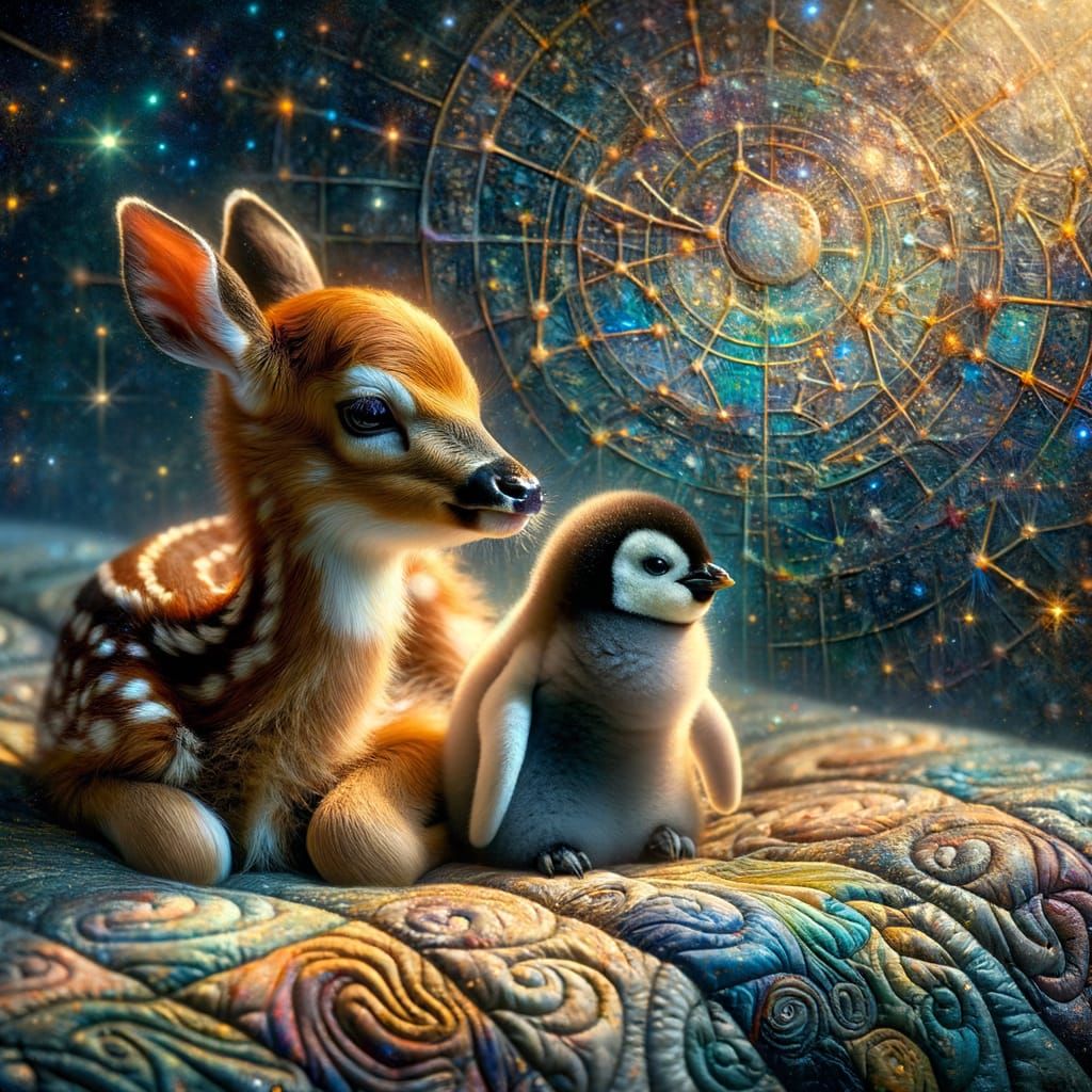 Macro photography. A tiny, fluffy fawn snuggles with a baby penguin on an embroidered quilt with images of constellation...