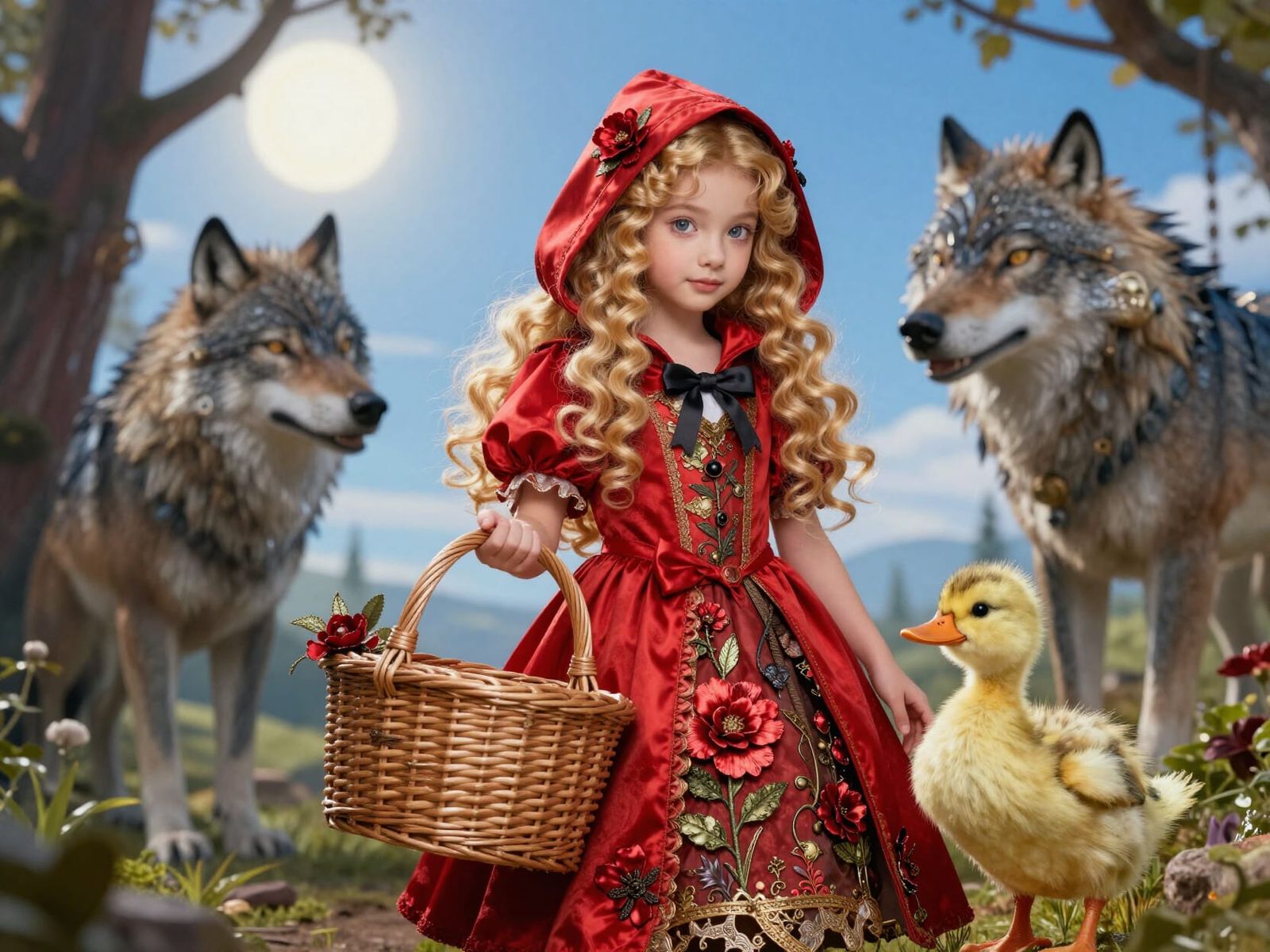 Steampunk Little Red Riding Hood with Wolf and Duckling