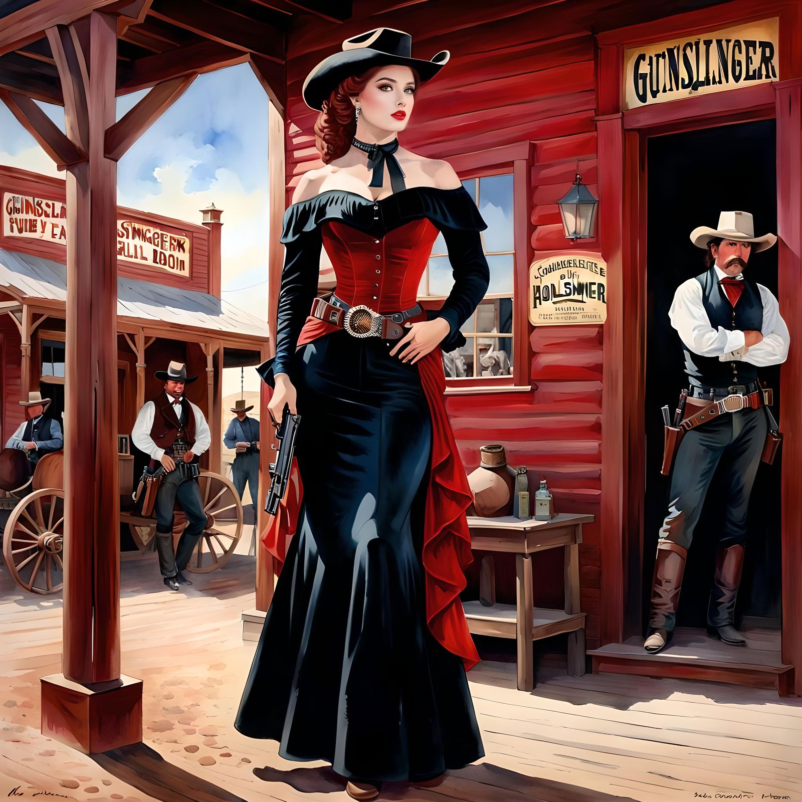 Wild West Gunslinger in Watercolor Gouache Style