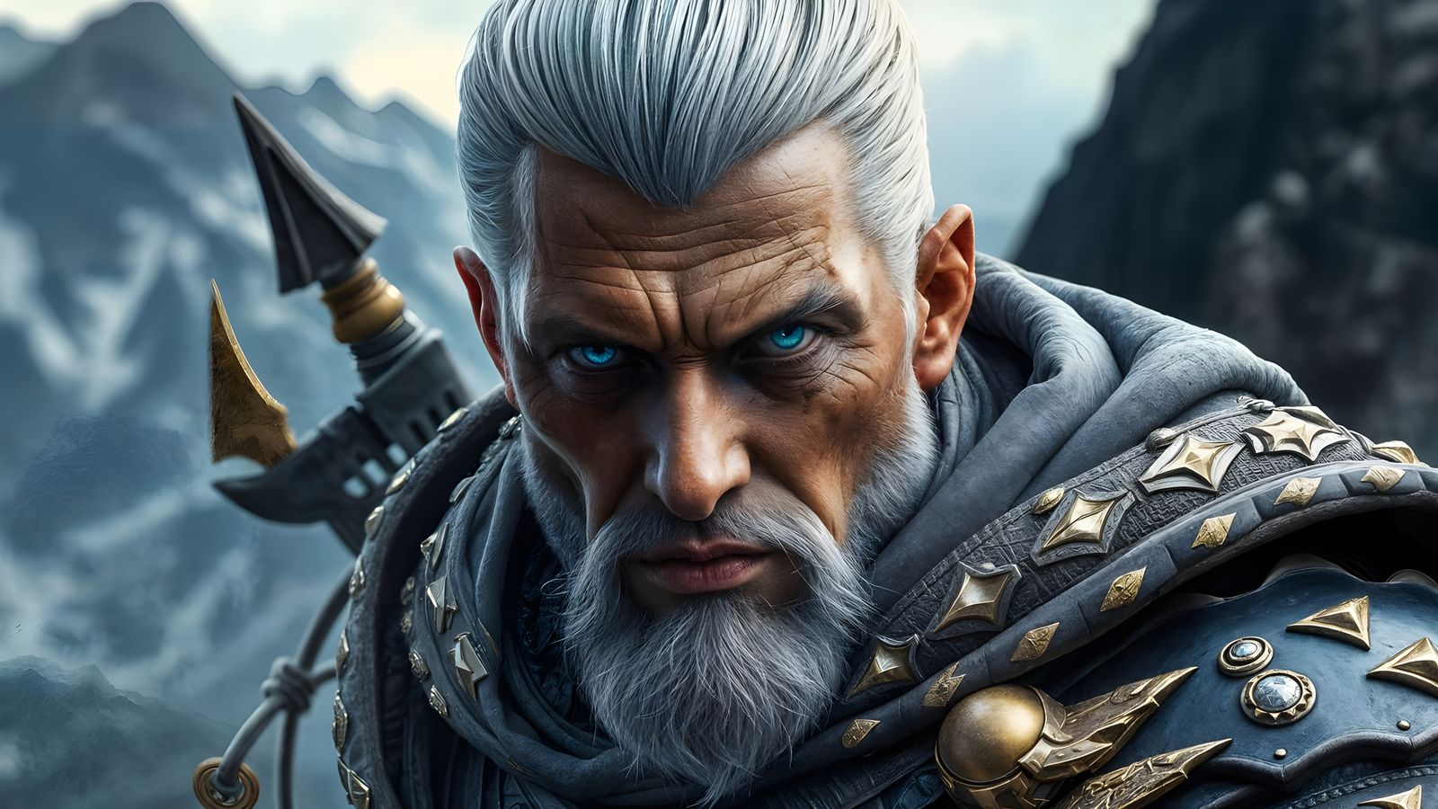 Fantasy Warrior with Glowing Eyes in Mountain Landscape