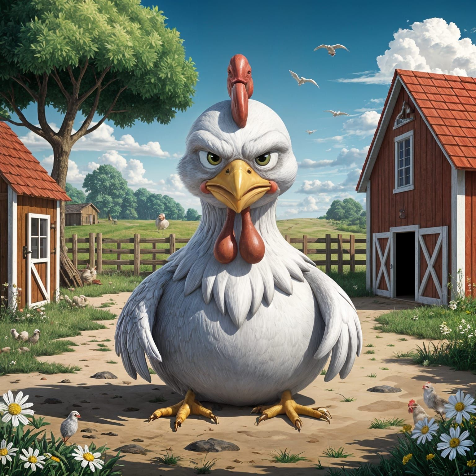Grumpy Chicken in Farmyard as Renaissance Art