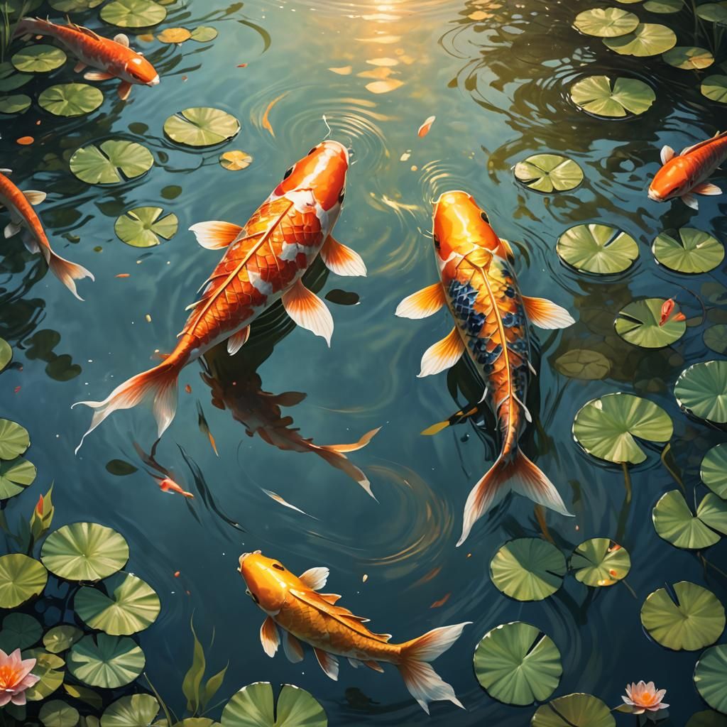Koi Carp Swimming in Pond at Dawn: Oil Painting