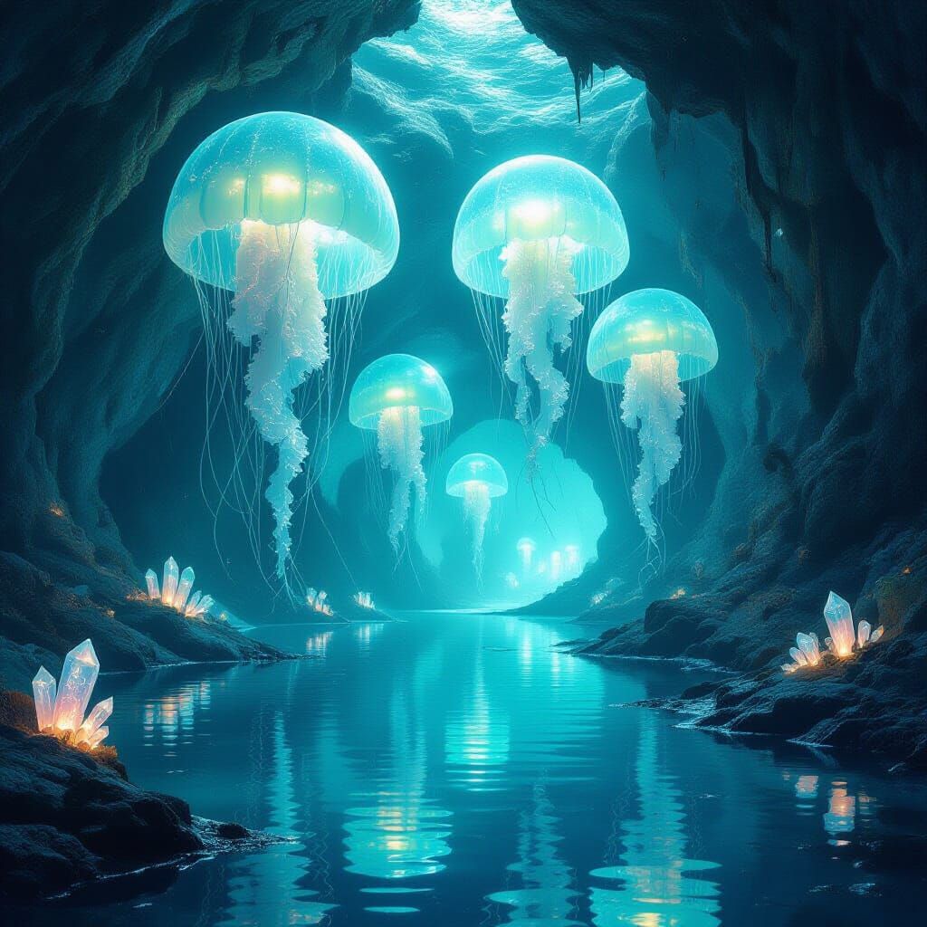 Bioluminescent Jellyfish in Massive Underground Cavern