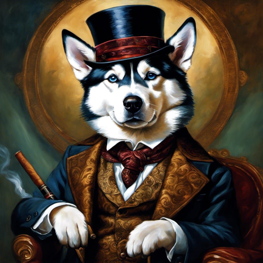 Dapper Husky Puppy Smoking Cigar, Detailed Portrait