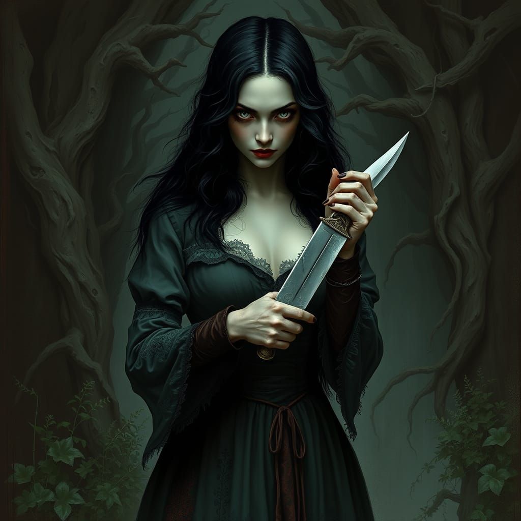 Victorian Horror Goddess in Dark, Gnarled Woods
