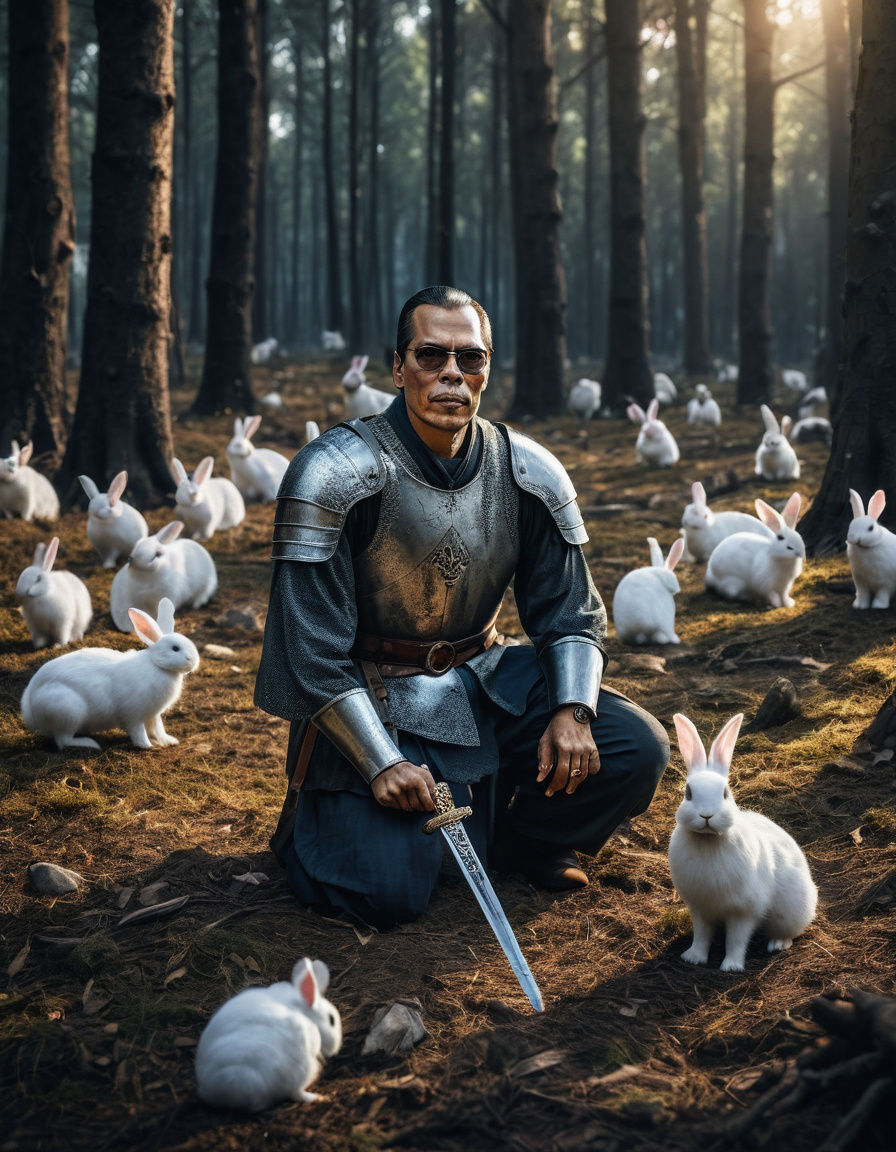 Medieval Knight Beset by Rabbits in a Forest Dawn