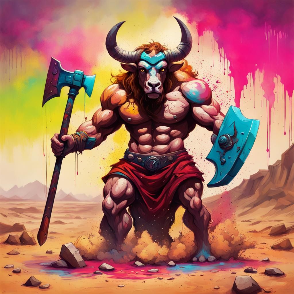 Minotaur with Battle Axe in Graffiti Art Style