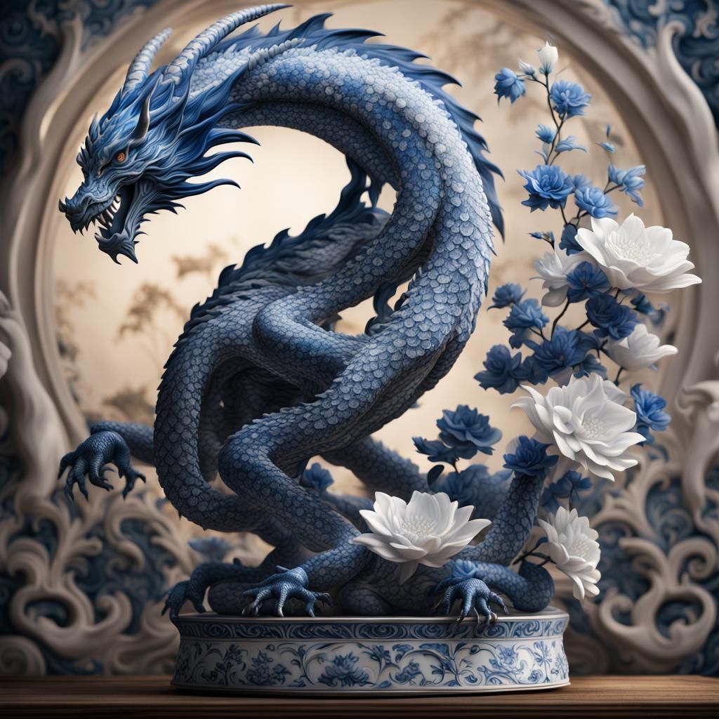 Porcelain Dragon with Blue Floral Design, Matte Painting