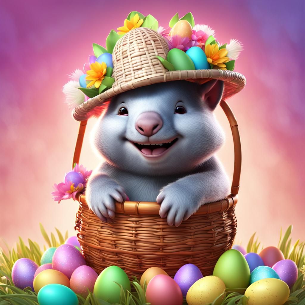 Happy Wombat in Easter Bonnet, 3D Digital Art