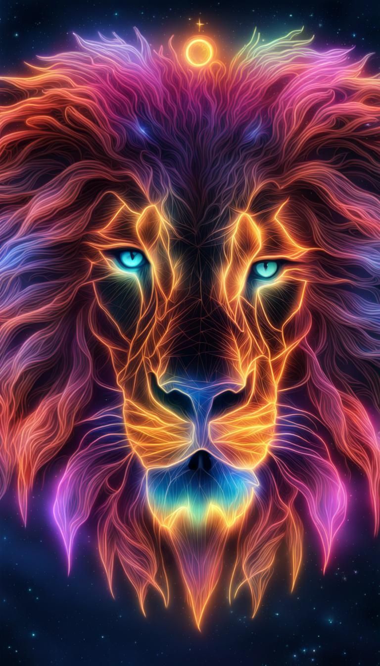 Neon Hologram Lion in Starry Sky
