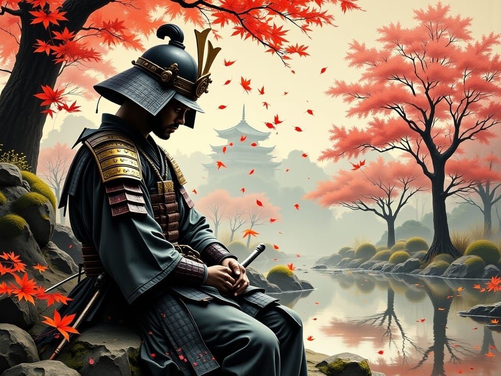 Ethereal Samurai in Autumn Japanese Garden