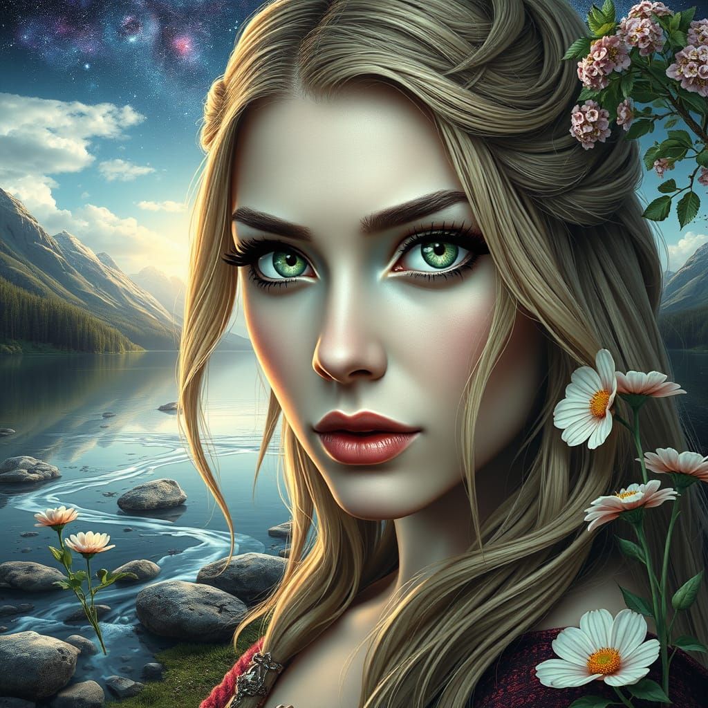 Norse Woman with Green Eyes: Astral Cosmic Illustration