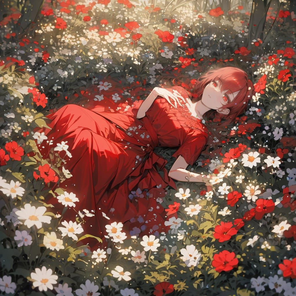 Anime Girl in Red Dress Lays Amidst Vibrant Flowers