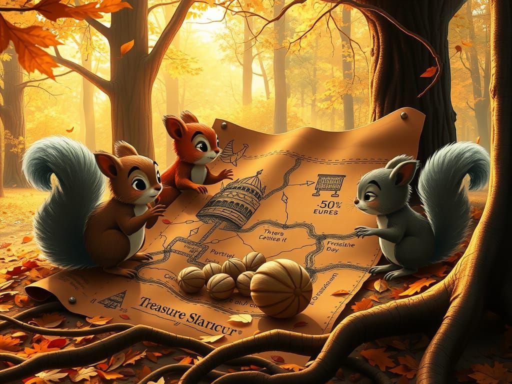 Squirrels Debate Treasure Map in Ghibli Autumn Forest