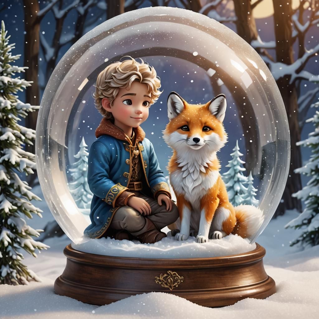 Whimsical Prince and Fox in Snow Globe, 3D Art