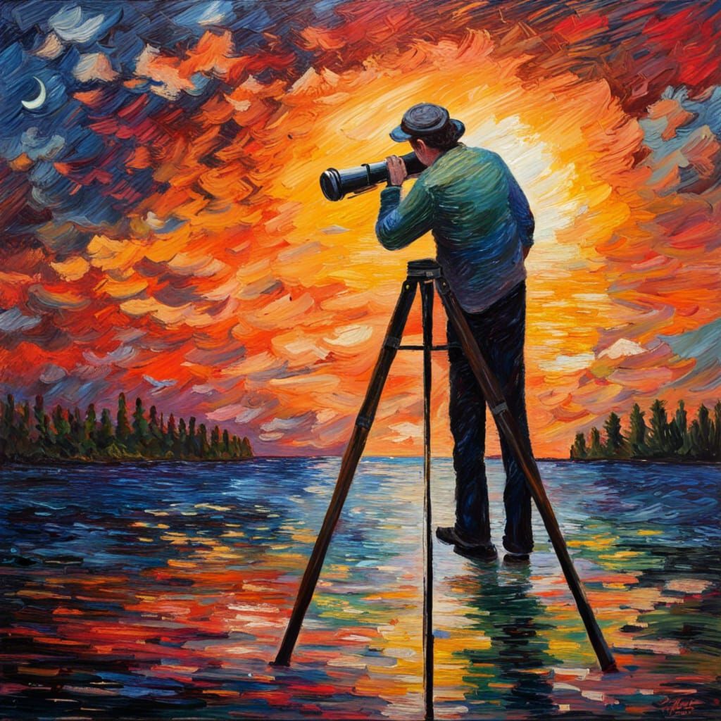 Man Stargazing in Impressionist Painting Style