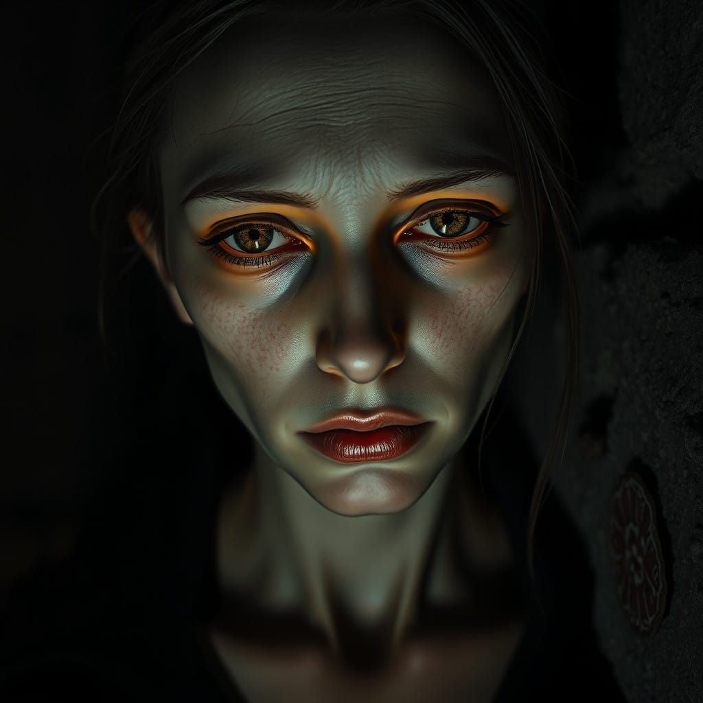 Hauntingly Beautiful Portrait of a Frail Woman in a Damp Bas...