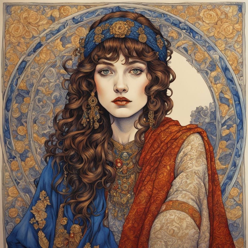 Pre-Raphaelite Gypsy in Klimt Style Portrait