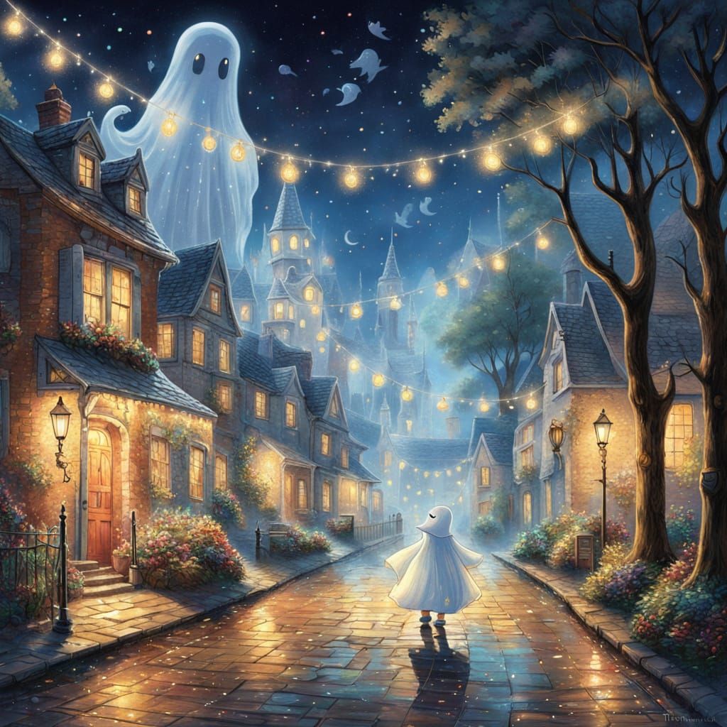 Cute Ghost Embarks on a Whimsical Nighttime Adventure