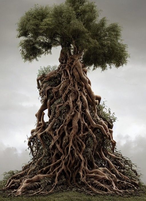 Modified Pieta Sculpture with Tree Roots and Robotics