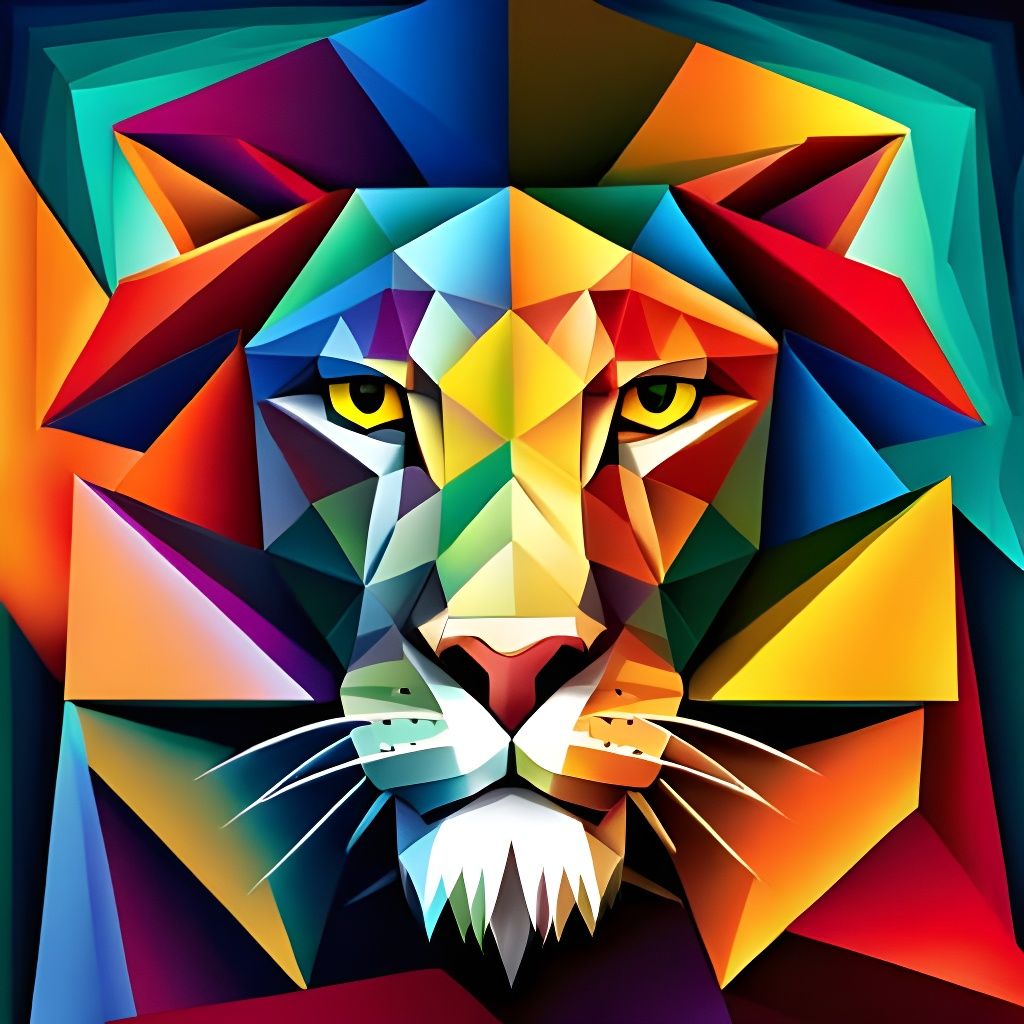 Cubist Lion Portrait in Geometric Fauvism Style