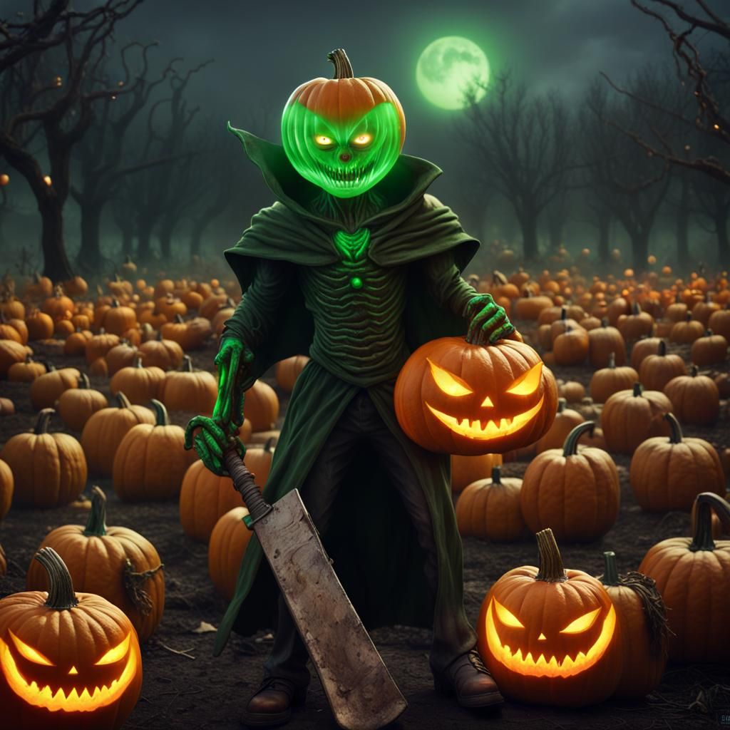 Evil Alien Pumpkin Head in Patch