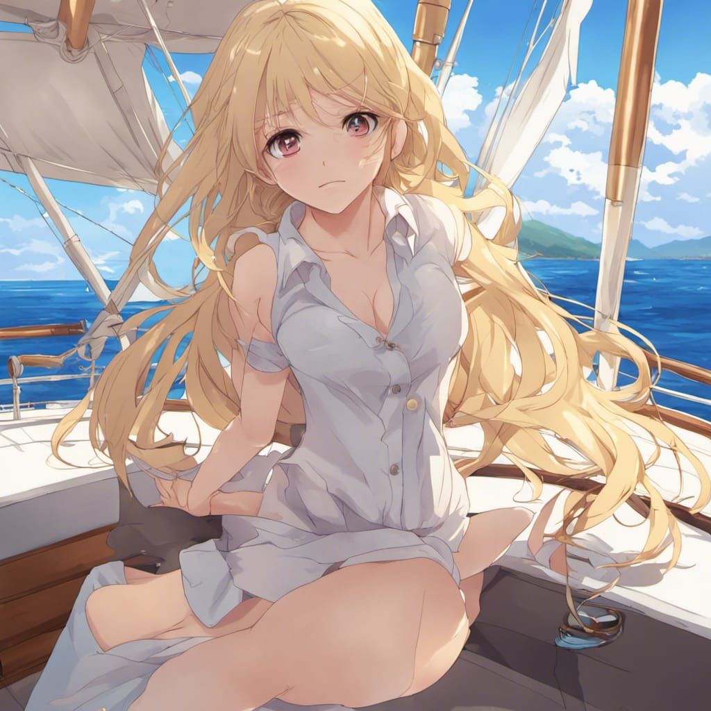 Blonde Woman on Yacht in Anime Style