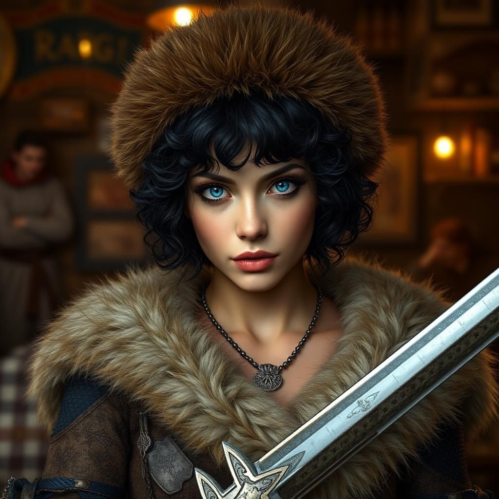 Barbarian Woman with Claymore in Tavern