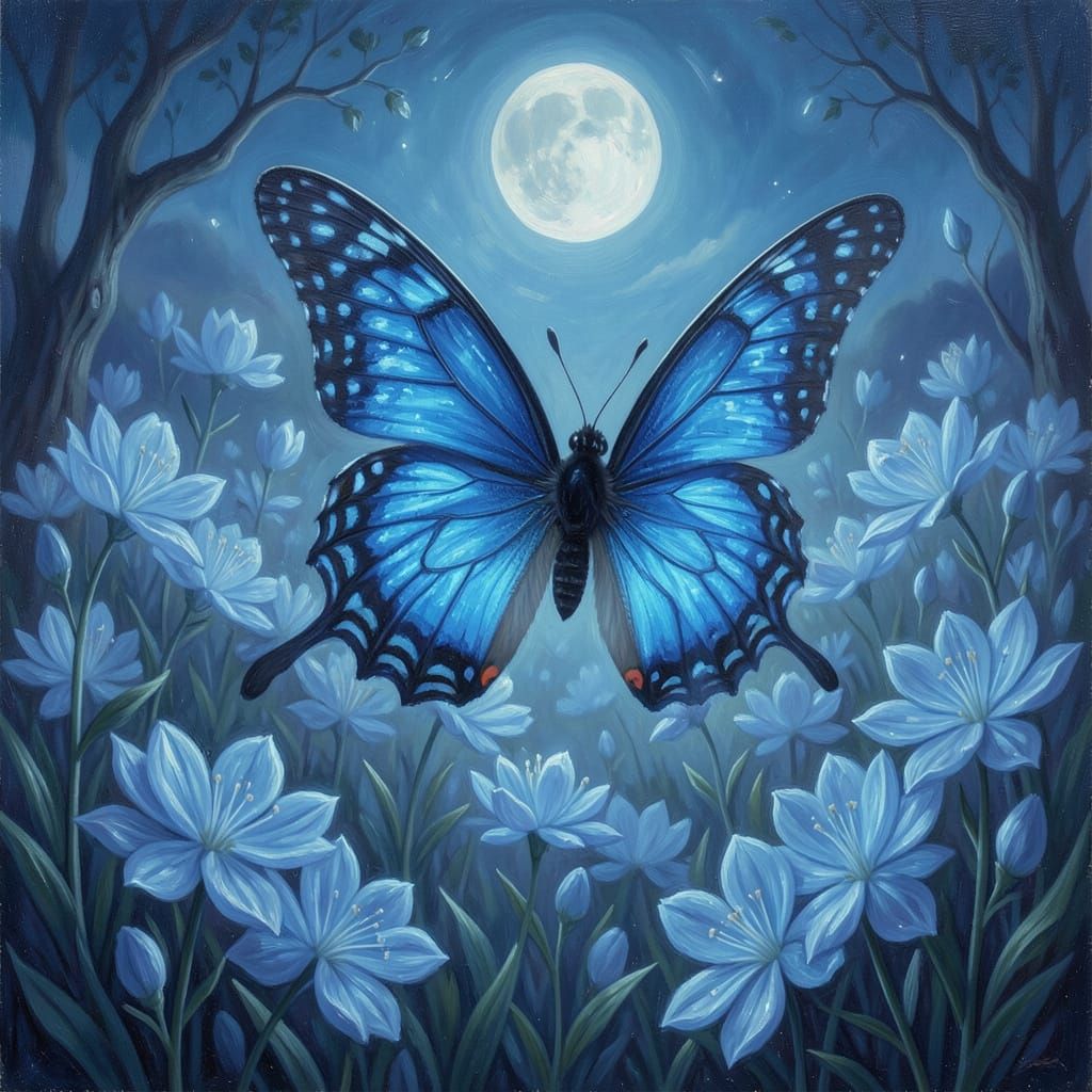Surreal Blue Butterfly in Moonlight Oil Painting