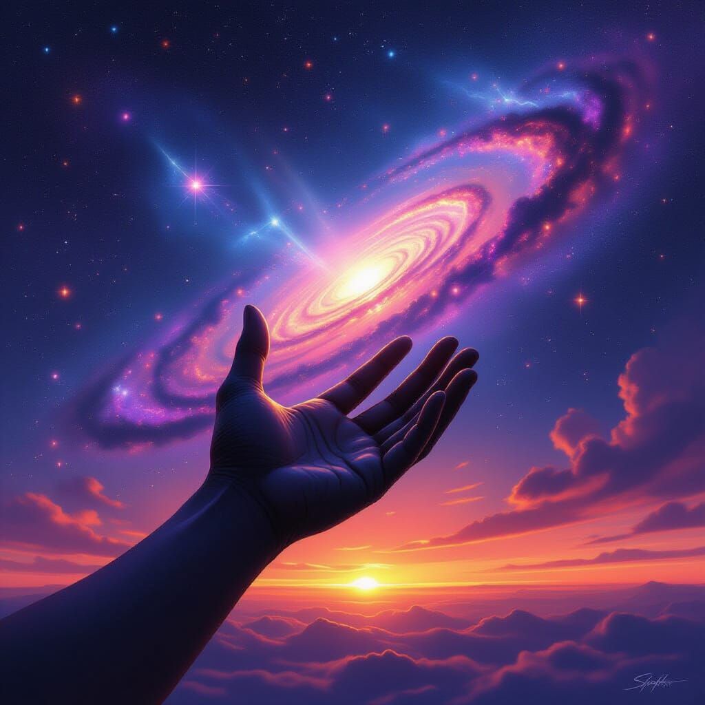 Cosmic Hand Grasping Infinity Galaxy in Violet and Pink