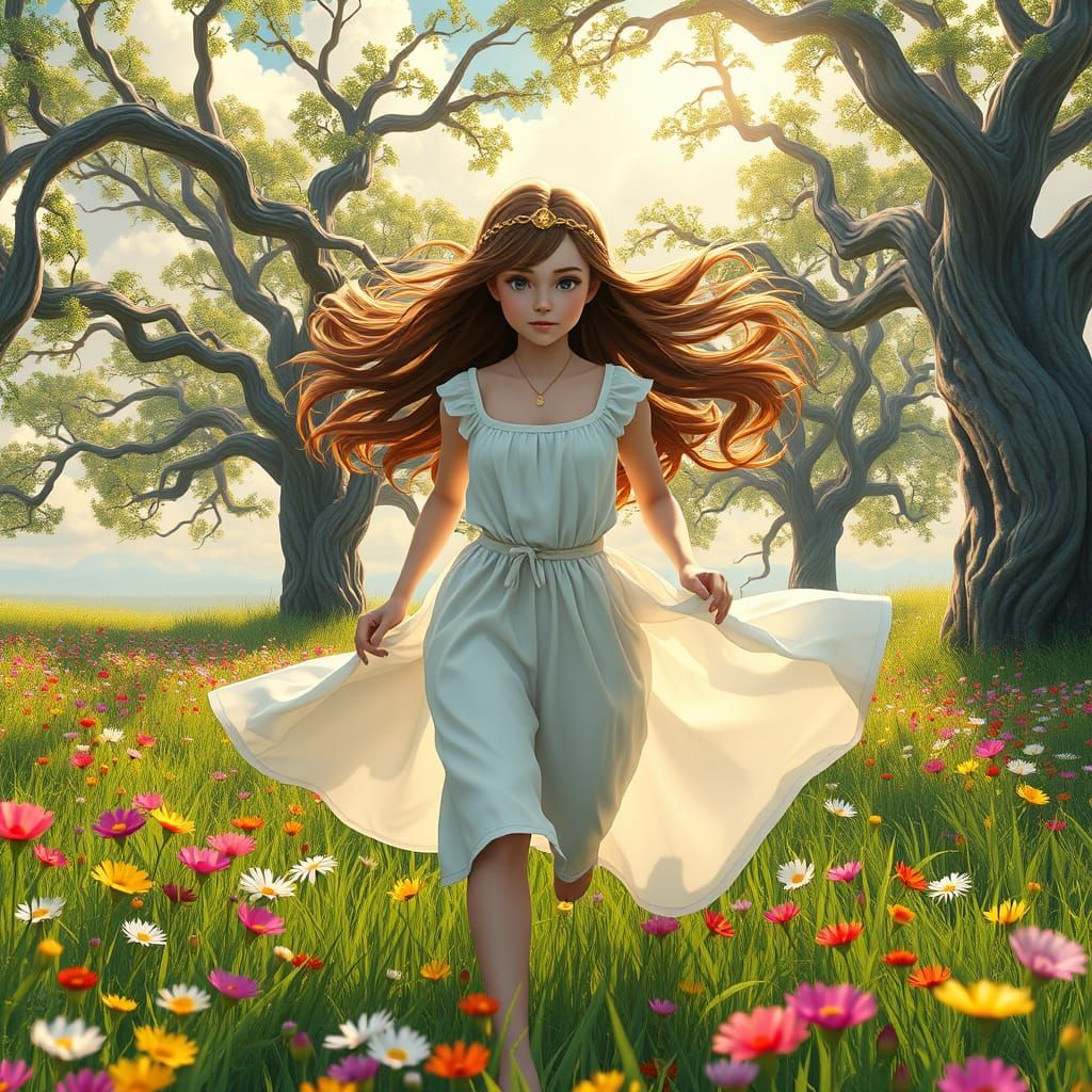Ethereal Fantasy Maiden in Vibrant Meadow