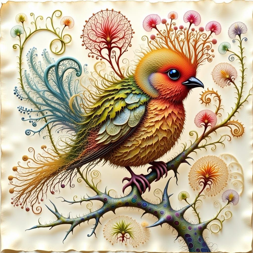 Intricately Drawn Botanical Masterpiece with 3D Baby Bird