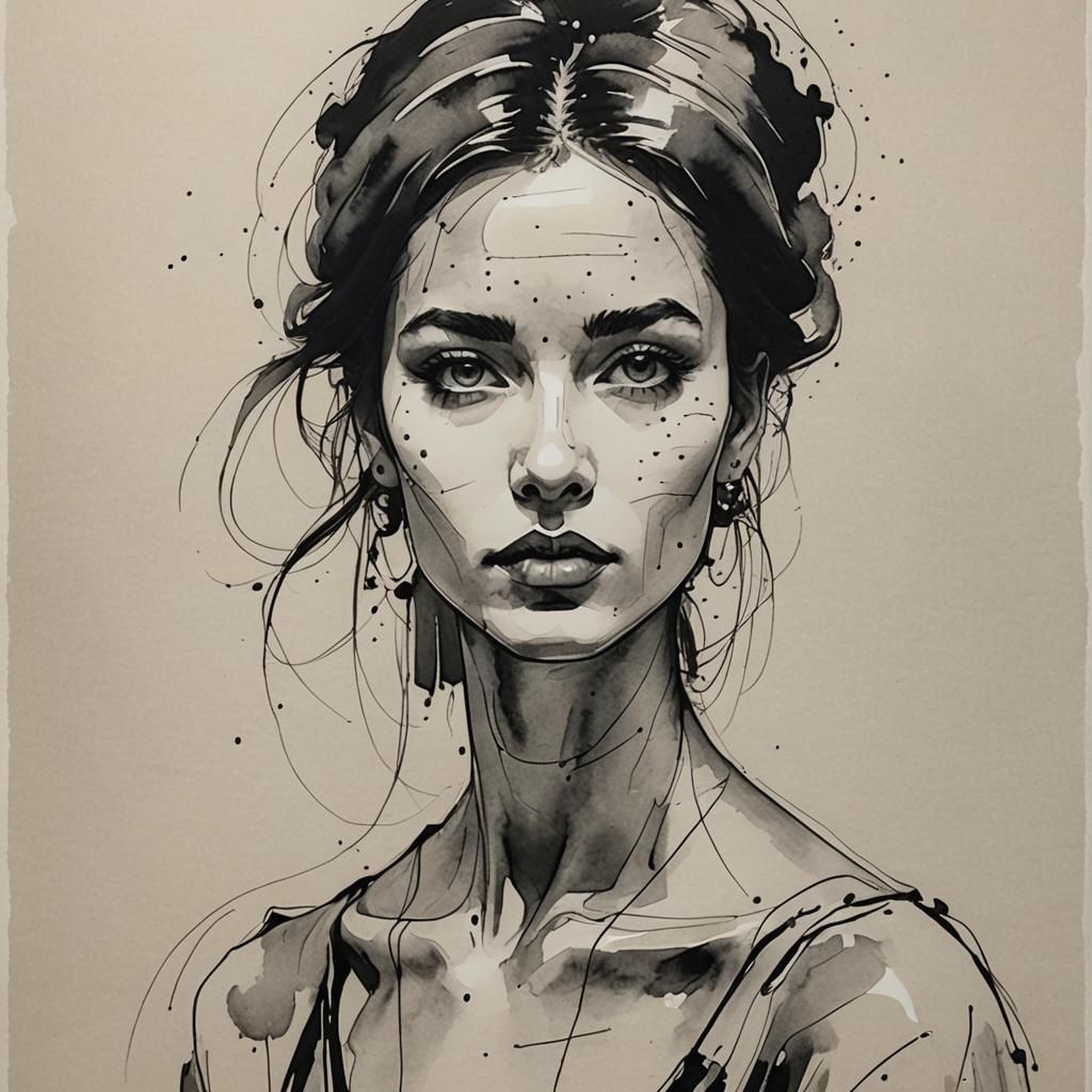 Modern European Ink Portrait in Straight Lines