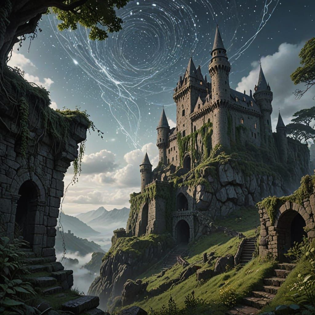 Ancient Castle Silhouetted Against Cosmic Sky